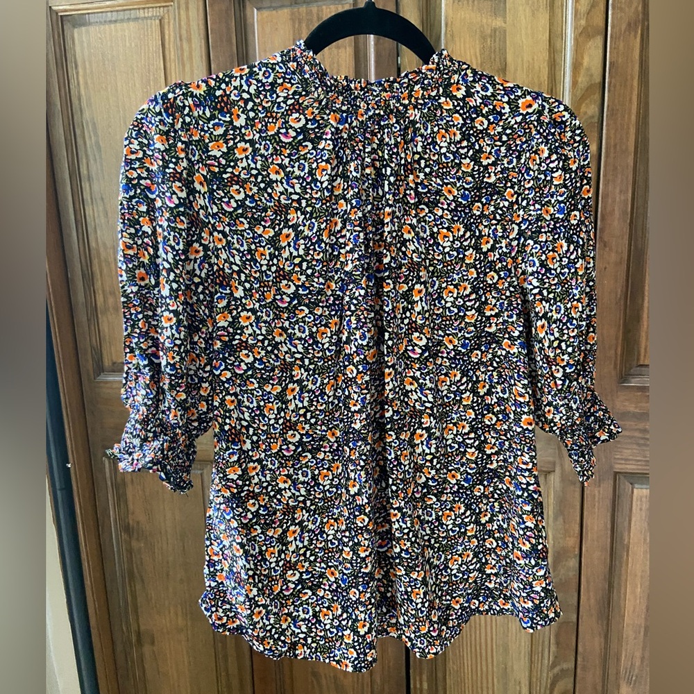 Boden Orange and White Ruffled Mandarin Collar Blouse
